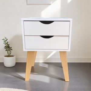 Velador Nórdico Blanco de 2 Cajones – Mueble Firme, Armado y con Patas de Madera