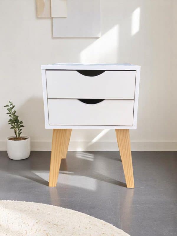 Velador Nórdico Blanco de 2 Cajones – Mueble Firme, Armado y con Patas de Madera