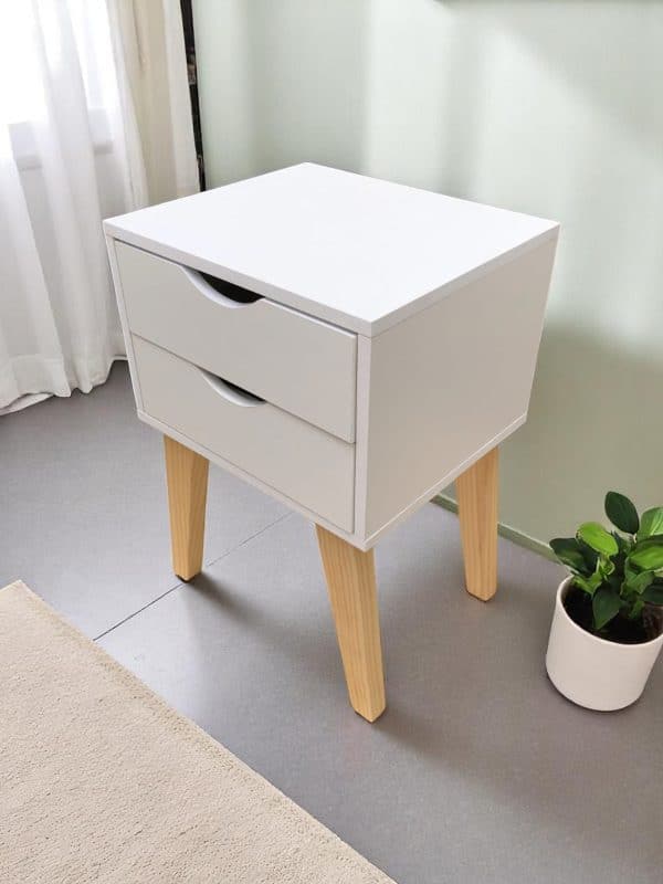 Velador Nórdico Blanco de 2 Cajones – Mueble Firme, Armado y con Patas de Madera - Imagen 2