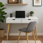 Escritorio nórdico blanco con patas de madera y organizador de cables – 100 cm