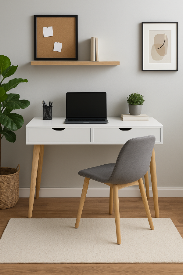 Escritorio blanco estilo nórdico con patas de madera