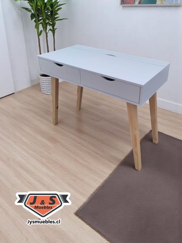 Escritorio nórdico blanco con patas de madera y organizador de cables – 100 cm - Imagen 2