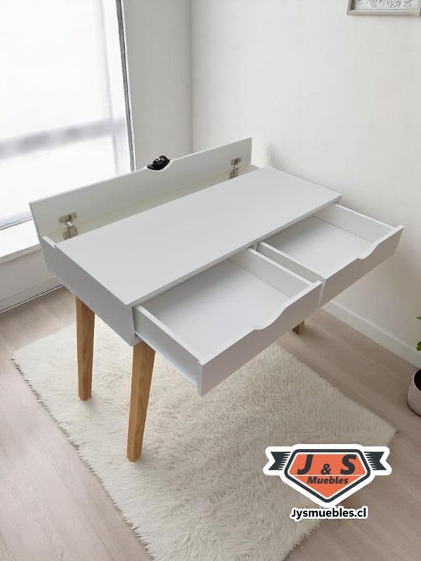 Escritorio nórdico blanco con patas de madera y organizador de cables – 100 cm - Imagen 3